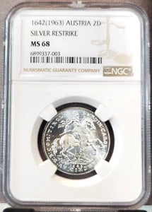 1963 AUSTRIA SILVER 2 DUCAT ARCHDUKE FERDINAND 1642 RESTRIKE NGC MS 68 TOP POP - Picture 1 of 3