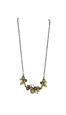 Rhinestone Flower Floral Bib Pendant Necklace 19” Antique Gold Tone Metal VTG - Image 1 of 4