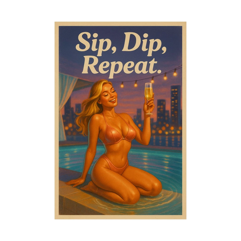 Satin Poster, Sexy Bikini Model, Retro Pin Up Art Print, Summer Tropical Wall - Image 1 of 1