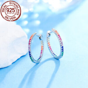 Boho 925 Sterling Silver Rainbow Multicolored Cubic Zircon Round Hoop Earrings