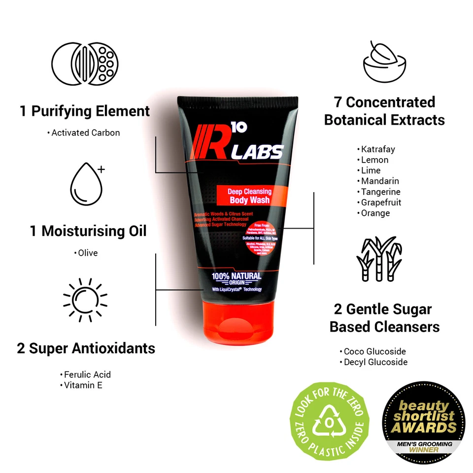 Charcoal Body Wash R10 Labs 100% Natural Mens Activated Carbon Citrus Shower Gel