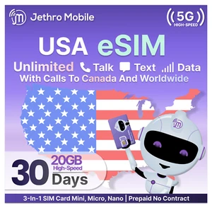 Jethro Mobile eSIM USA prépayée 30 jours d'appels, de textos et 20 Go haute vitesse illimités - Photo 1 sur 7