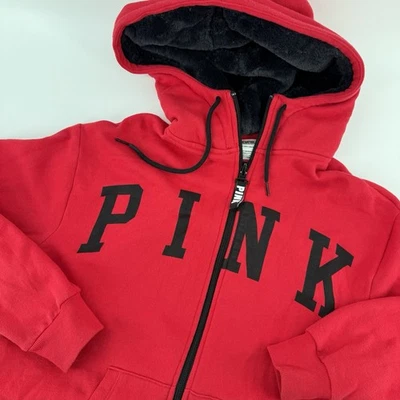 Victoria’s Secret ROSA Rojo Cremallera Completa Sudadera con Capucha Talla XS Negro Logo Suéter Sherpa Foto 1 de 4