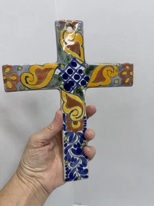 "Talavera Mexicana Arcilla Roja Cerámica Colgante de Pared Cruz Pintada a Mano 9.5""x7.5""" - Imagen 1 de 7