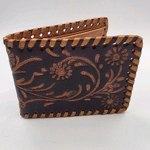 Cartera Wabags Tocada a Mano Cuero Genuino Doble Plegable Floral Cosida con Látigo - Imagen 1 de 8