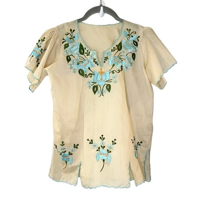 Vintage 70s Oaxacan Embroidered Floral Peasant Blouse Handmade Tan Blue Boho S - Image 1 of 4