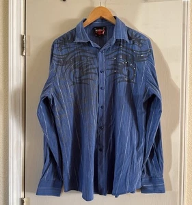Vtg y2k Men’s Studded Graphic Punk Angel Wings Striped Sleeve Button Down Shirt - Picture 1 of 9
