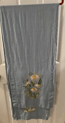 Sferra Light Teal Floral Embroidered Linen Table Runner 15x70 EUC - Image 1 of 4