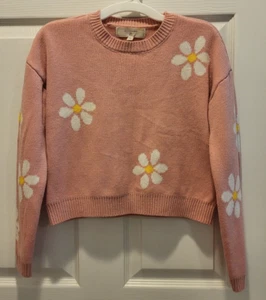 No Comment Girls Pullover Crop Top Sweater Pink White Yellow Flowers  Sz: L (14) - Picture 1 of 10