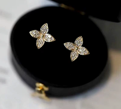 Aretes de plata esterlina real flor pequeños circonitas brillantes oro floral pequeños Foto 1 de 4