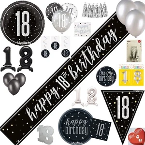 Black 18th & Happy Birthday Decorations Party Bunting Banner Silver Balloons age - Picture 1 of 27