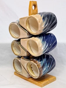 Rodolfo Padilla Blue Twisted Drip Glazed Coffee Mugs Wood Stand Signed Set of 6 - Picture 1 of 24