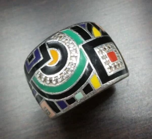 Schöner Vintage BELLE ETOILE Ring Sterlingsilber, Emaille & CZ "Geometrica" - Bild 1 von 11