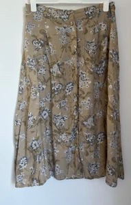 Long Floral Vintage Skirt Beige Blues Button Front A-Line Size 12 Boho Retro - Picture 1 of 11