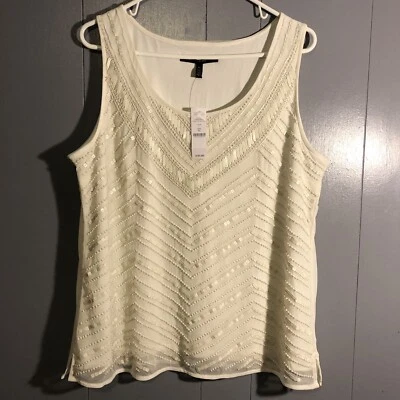 White House Black Market NWT Sleeveless Tank White Leather Beaded XL Spandex - Image 1 of 4