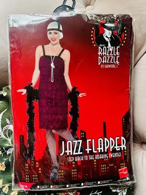  Disfraz Jazz Flapper, Borgoña con Vestido y Tocado Años 20 Razzle Vestido Elegante Foto 1 de 4