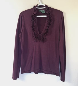 Lauren Ralph Lauren Womens L Burgundy Ruffle Neck Sweater Silk Lightweight Prep - Picture 1 of 11