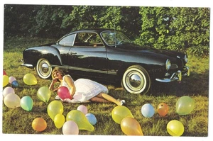 1960 VW KARMANN GHIA Black Coupe & Balloons -  Original Ad Postcard - Picture 1 of 2