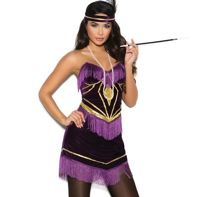 Disfraz Flapper Terciopelo Flecos Vestido Pluma Diadema Púrpura Dorado 99071 XL Foto 1 de 4