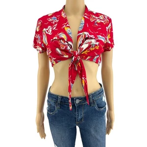 VINTAGE American KALA LARGE 80’s Red Hula Aloha Hawaiian Knot Tie Crop Top Shirt - Picture 1 of 6