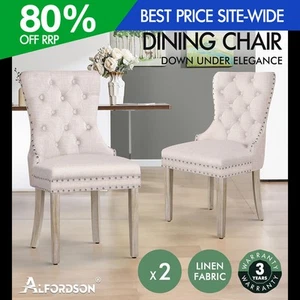 ALFORDSON 2x Dining Chairs Kitchen Lounge Padded Diamond Tufted Fabric Beige - Picture 1 of 4