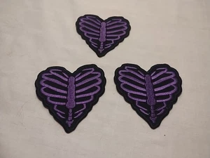 3 Purple Skeleton Rib Cage Heart Embroidered Iron On Patches - Picture 1 of 2