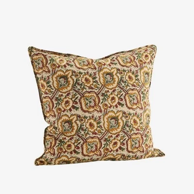 Cushion Indian Block Print Floral Pattern Beige & Red Cotton Chair Sofa Cushion - Image 1 of 4