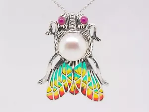Plata de Ley Plique-à-jour Esmalte Rubí Perla Bicho Insecto Fly Broche Colgante - Imagen 1 de 5