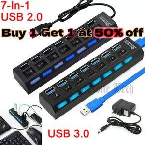 7 Port USB 2.0 / 3.0 Hub Splitter Adapter High Speed For PC Laptop Mac Desktop - Picture 1 of 12