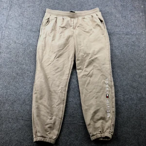 Tommy Hilfiger Sweatpants Mens Medium Beige Spell Out Flag Drawstring Tapered - Picture 1 of 9