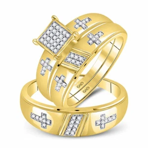 10k Yellow Gold His Her Diamond Cross Matching Bridal Wedding Ring Set - Picture 1 of 5