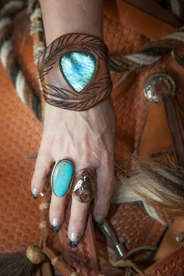 Leather Cuff Bracelet Labradorite Gemstone Eagle Feather Hand Tooled Western - Image 1 of 4