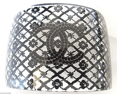 CHANEL Black Crystal Lace CC Flower Pearl Plexi Lucite Cuff Bracelet NEW - Image 1 of 4
