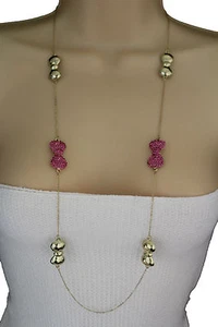 Women Gold Fashion Extra Long Necklace Metal Chains Pink Bows Tie Charms Beads - Picture 1 of 7