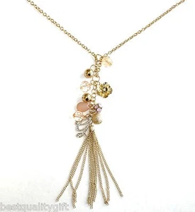 NEW-GUESS GOLD TONE LONG NECKLACE+FAUX ROSE/PINK BEADS+TASSEL+"G" LOGO PENDANT - Picture 1 of 2