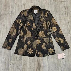 Avec Les Filles Floral Jacquard Tuxedo Blazer Womens L Black Gold Brocade Dark - Picture 1 of 13