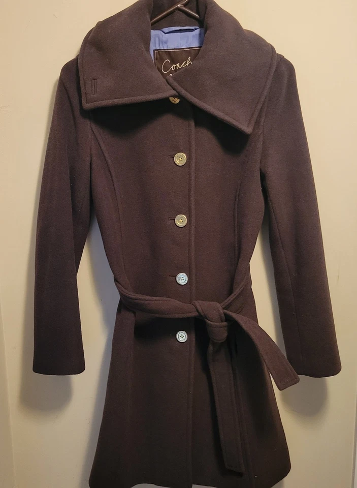 Chaquetón Coach Signature con cinturón para mujer XS marrón lana angora chal cuello clásico Foto 1 de 4