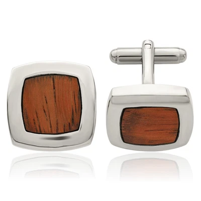 Stainless Steel Koa Wood Round Square Cufflinks Set for Men - Image 1 of 4