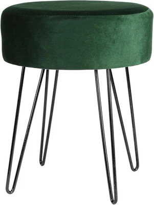 Green Velvet Round Footstool with Black Legs – Modern Dressing Table Stool - Image 1 of 4