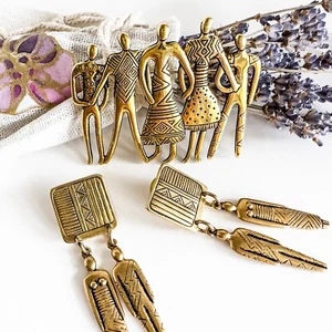 Vintage LAUREL BURCH Tribal Spirit People Long Dangle Earrings & Brooch Set - Bild 1 von 14