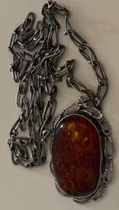 28” Vintage Poland ? SN or NS Sterling Silver Large Baltic Amber Necklace - Picture 1 of 15