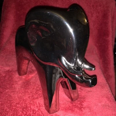 Elephant Figurine Silver Finish Ceramic Modern Art Statue 10”x8” - Image 1 of 4