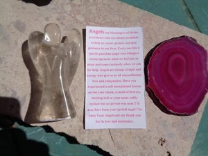 Clear Quartz Carved Angel on Pink Agate Slice-Beings of Light-Joyful Energy! - Picture 1 of 8