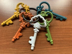 Five Decorative Metal Keys on a Ring- White, Orange, Yellow, Blue, Green - NEW - Picture 1 of 3
