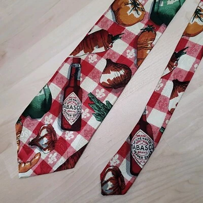Vintage Tabasco Neck Tie Mens Silk BBQ Picnic Novelty Themed Red Check USA   EUC - Image 1 of 4