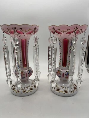 Gorgeous Pair of Bohemian Cranberry Mantle Lusters. Near Perfect Condition. - Image 1 of 4
