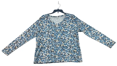 Falls Creek Blouse Womens Size XL White Blue Floral Long Sleeve Vneck - Image 1 of 4