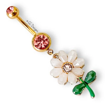 Anillo Vientre Flor Margarita Colgante Oro 14g IP Rosa Brillo Circonita Rosa Verde B137 Foto 1 de 2