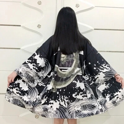 Women Japanese Kimono Coat Loose Yukata Outwear Long Bathrobe Tops Dragon Retro - Image 1 of 4