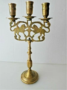 Vintage  Brass 3 Arms Shabbat Candelabra Menorah Candle Holder King Lions Rare - Picture 1 of 12